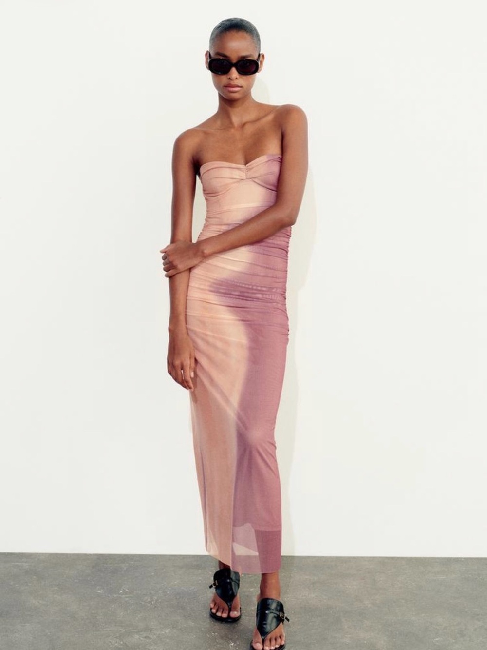 NWT ZARA Printed Tulle Ombré Ruched Midi Dress Pink/Tan -M